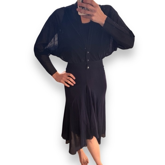 FUZZI by Jean Paul Gaultier Mesh Dress Long Sleeve MIDI Maxi Navy Blue SET sz S - Picture 1 of 16